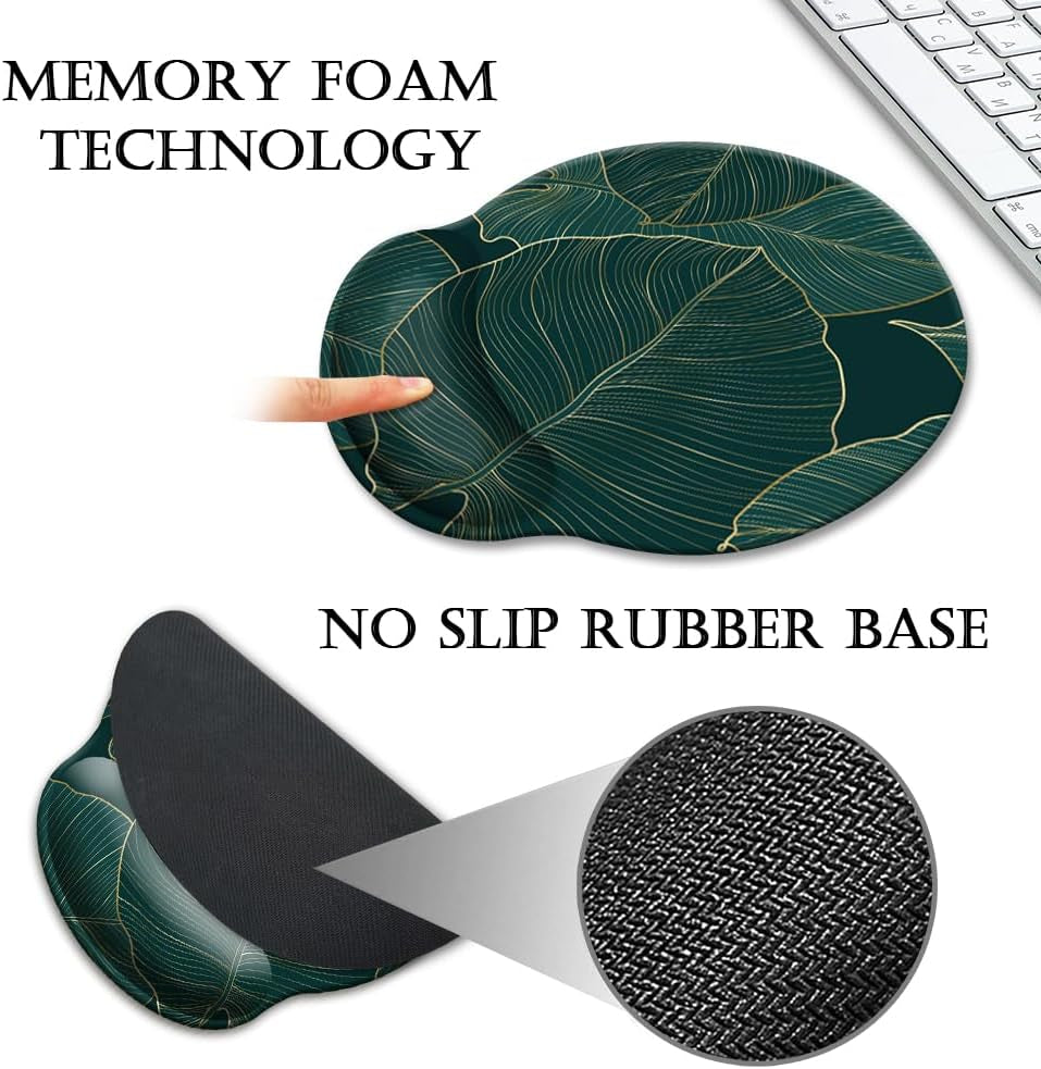 Ergonomic Mouse Pad with Wrist Support Gel Mouse Pad with Wrist Rest, Comfortable Computer Mouse Pad for Laptop, Pain Relief Mousepad with Non-Slip Rubber Base,Green Leaves