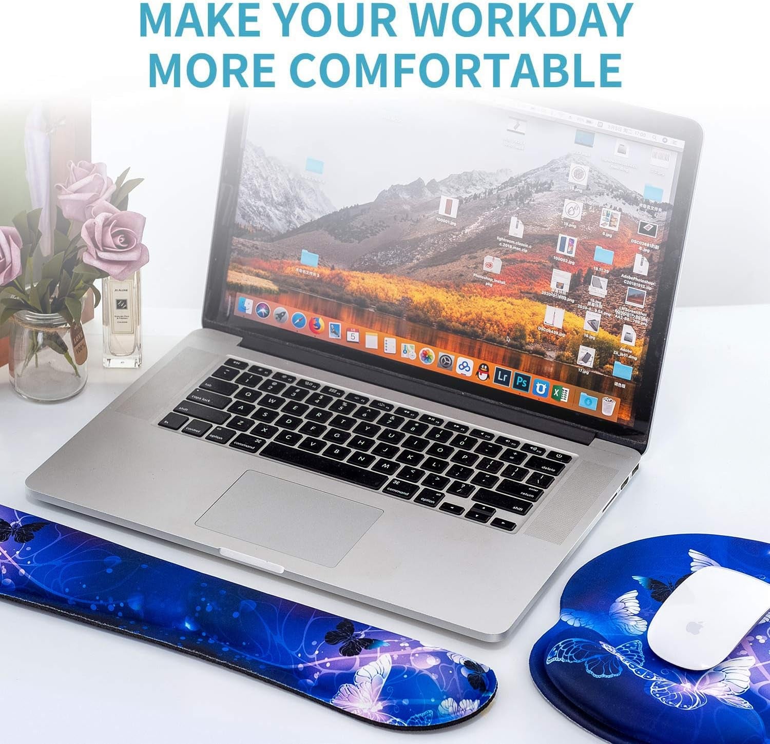 Keyboard Wrist Rest and Mouse Pad with Wrist Support, Memory Foam Set for Gaming and Office, Comfortable & Lightweight for Easy Typing & Pain Relief (White Butterflies)