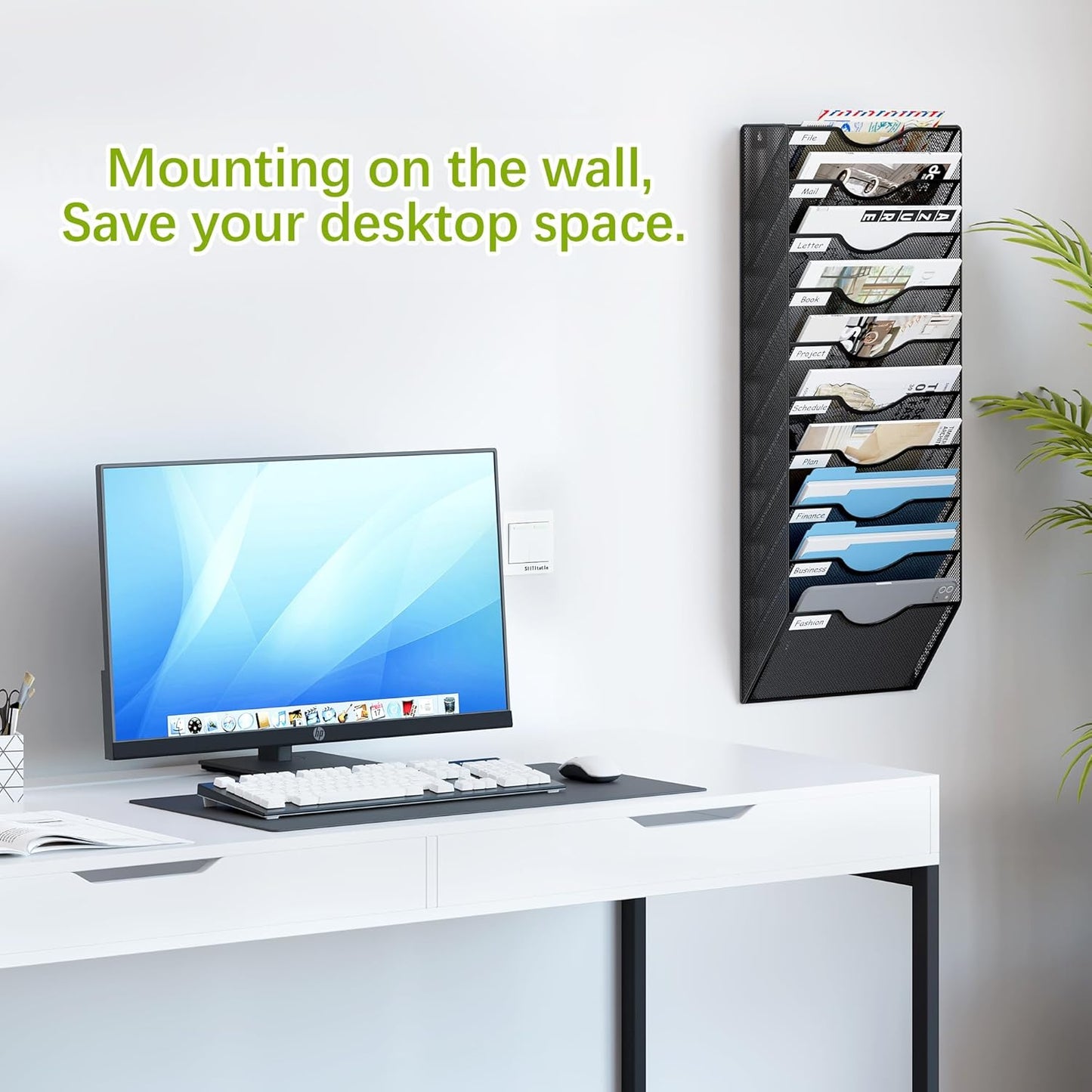 10 Tier Wall File Organizer Office Mesh Metal Hanging File Folder Holder Magazine Rack , Black