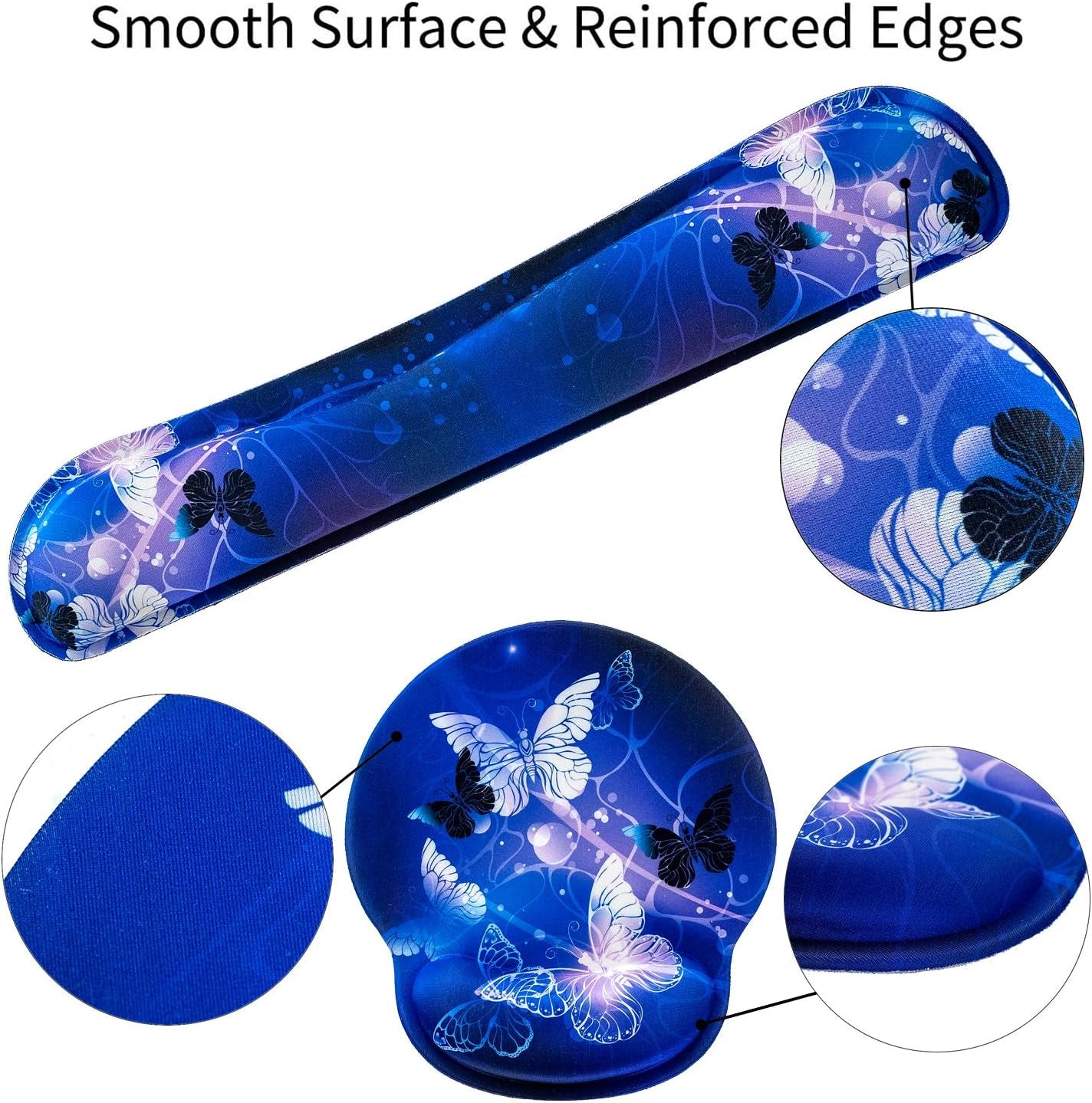 Keyboard Wrist Rest and Mouse Pad with Wrist Support, Memory Foam Set for Gaming and Office, Comfortable & Lightweight for Easy Typing & Pain Relief (White Butterflies)